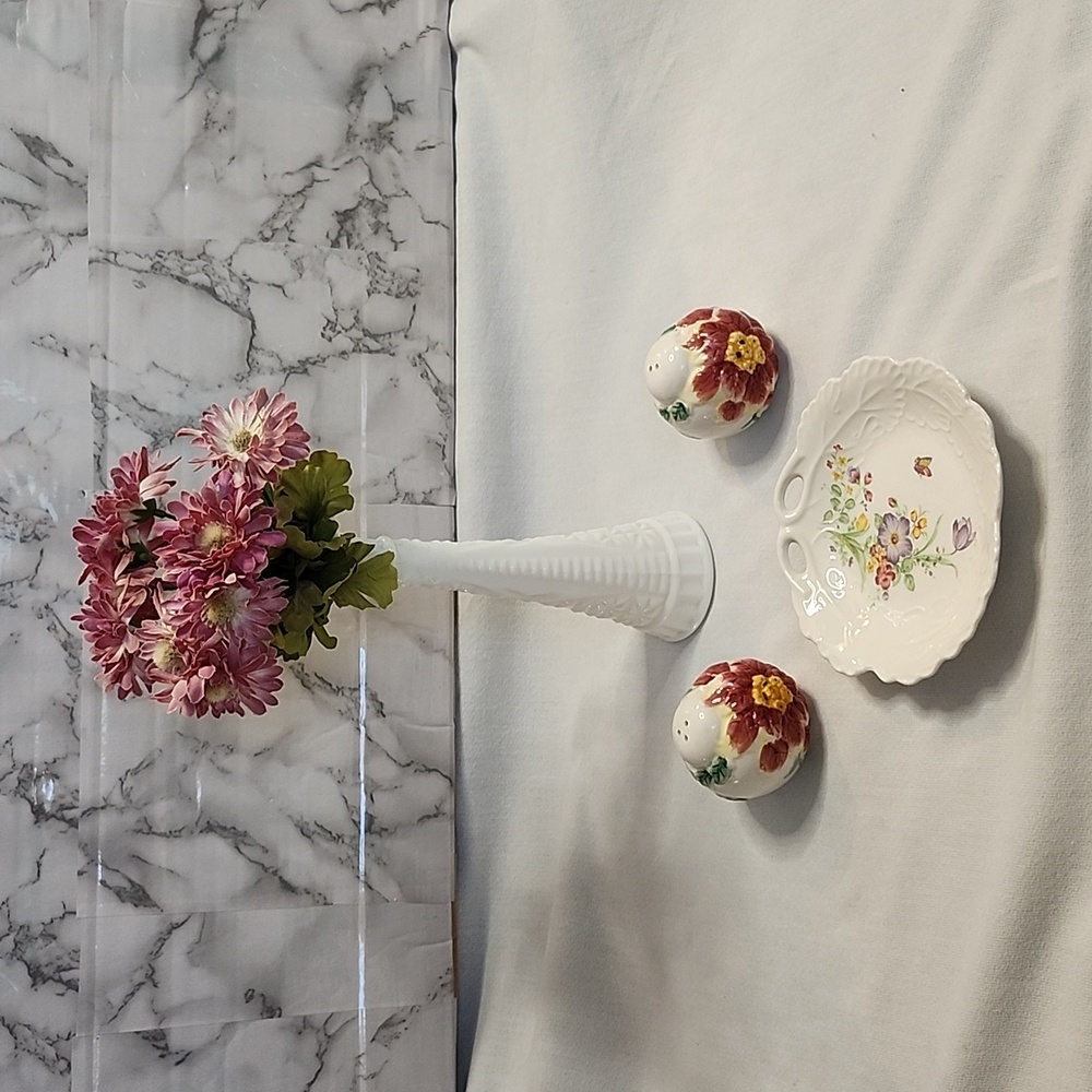 Vintage Milk Glass Bud Vase, Salt & Pepper Shakers, and Floral Candy Dish